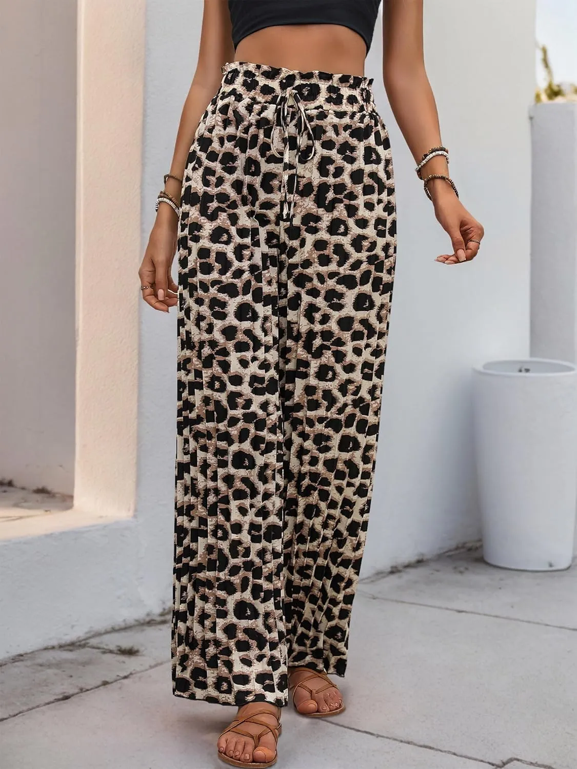 2025 Women's Leopard Print High Waist Pleated Wide Leg Pants Tie Front Pajama Comfy Casual Trousers