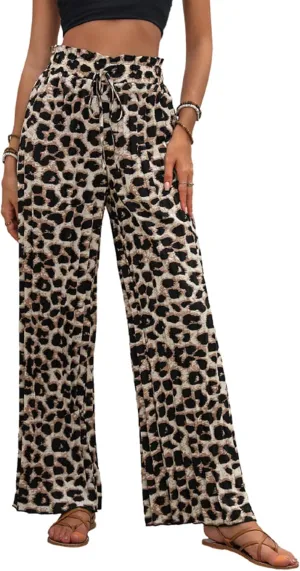2025 Women's Leopard Print High Waist Pleated Wide Leg Pants Tie Front Pajama Comfy Casual Trousers