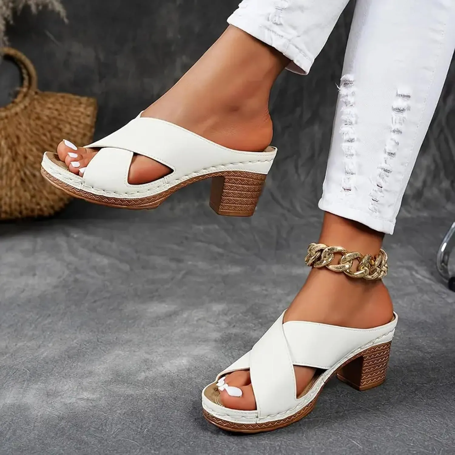 2025 Women's Platform Chunky Heels Open Toe Slip on Heels for Women High Chunky Block Wedges Sandals Dressy Pumps Shoes for Women