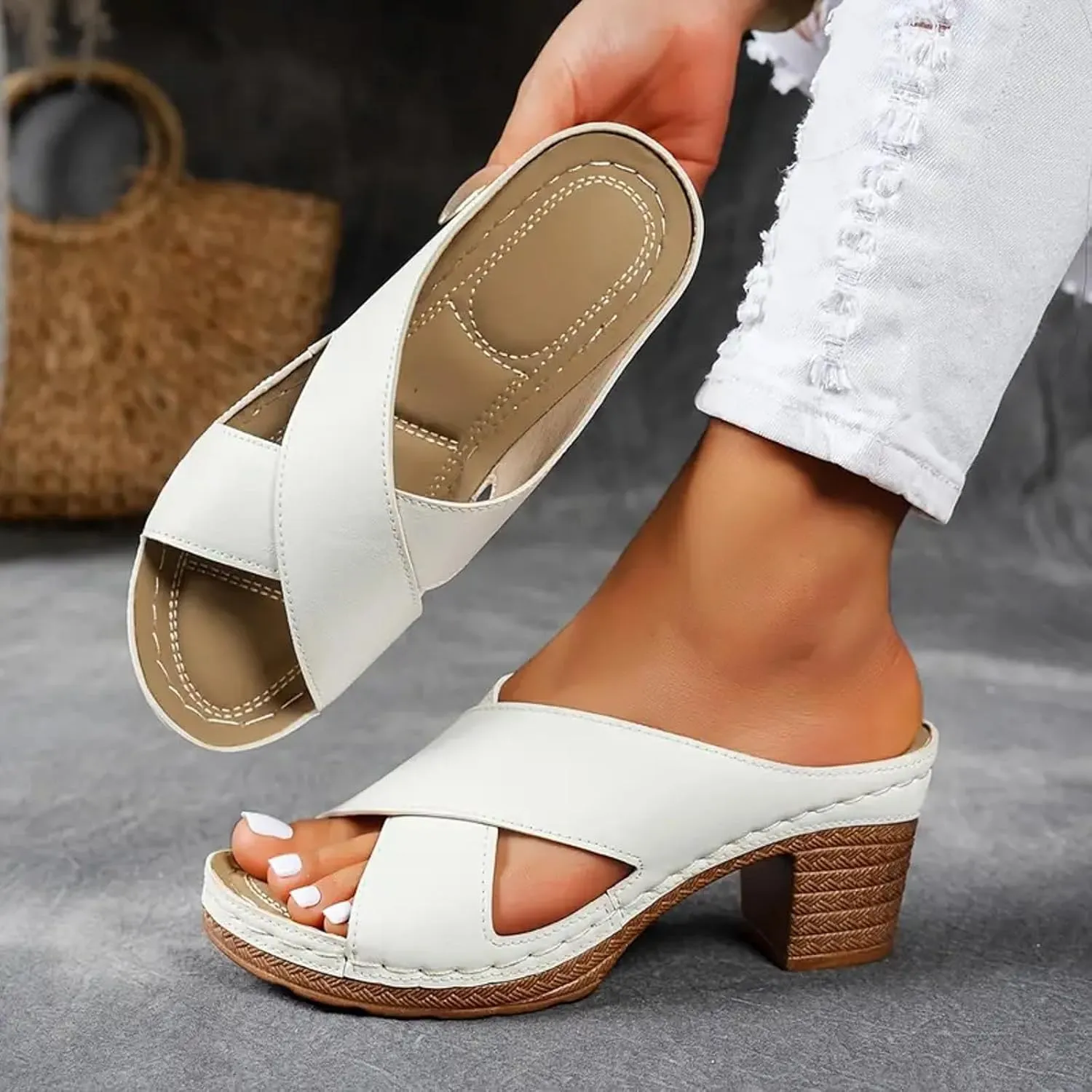 2025 Women's Platform Chunky Heels Open Toe Slip on Heels for Women High Chunky Block Wedges Sandals Dressy Pumps Shoes for Women