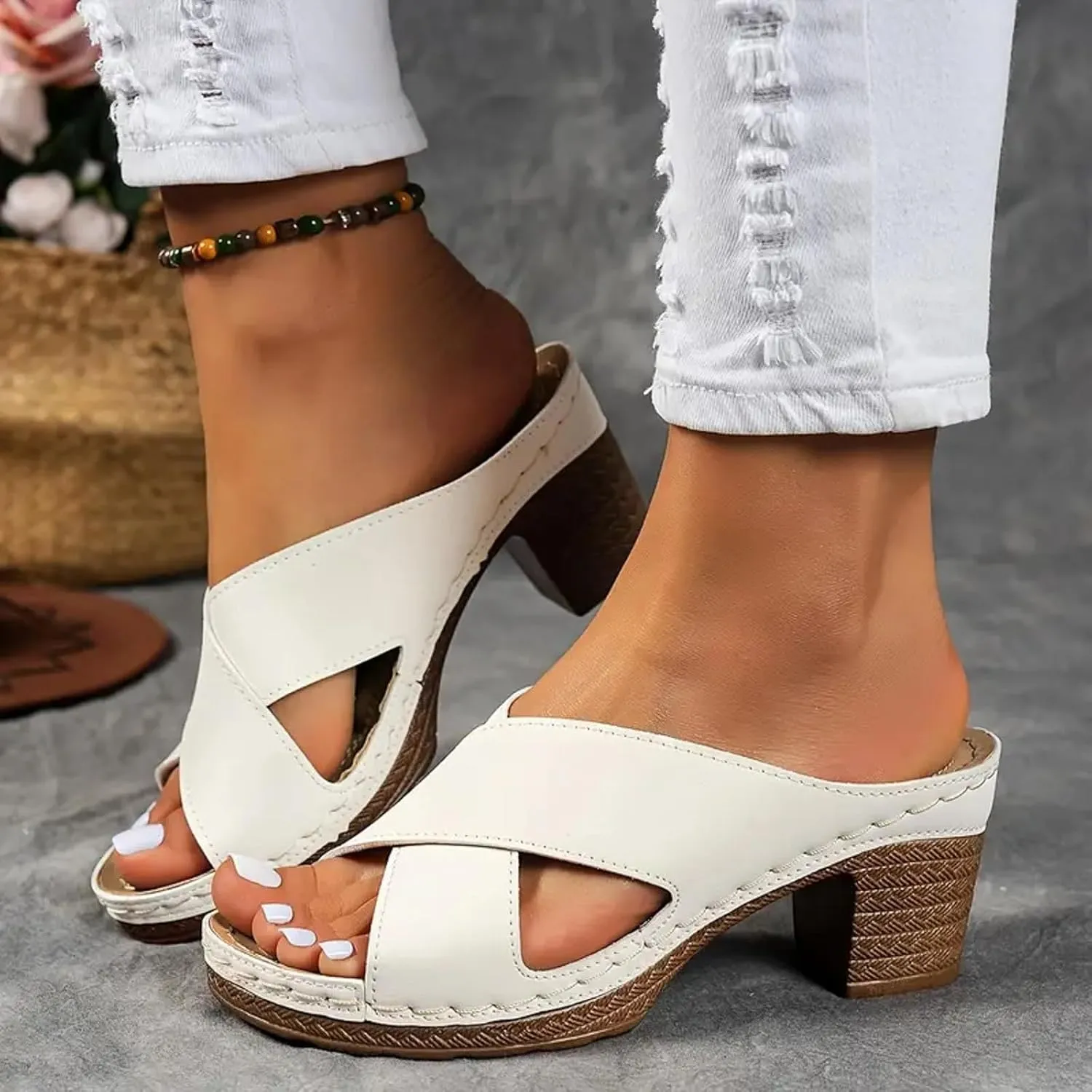 2025 Women's Platform Chunky Heels Open Toe Slip on Heels for Women High Chunky Block Wedges Sandals Dressy Pumps Shoes for Women