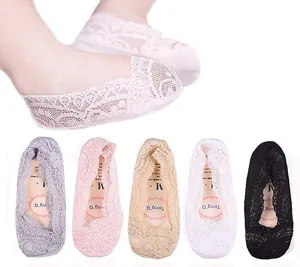 5 Pairs Toddler Girls Lace No Show Socks Anti Slip Low Cut Liner Invisible Socks Flats Cotton Sock