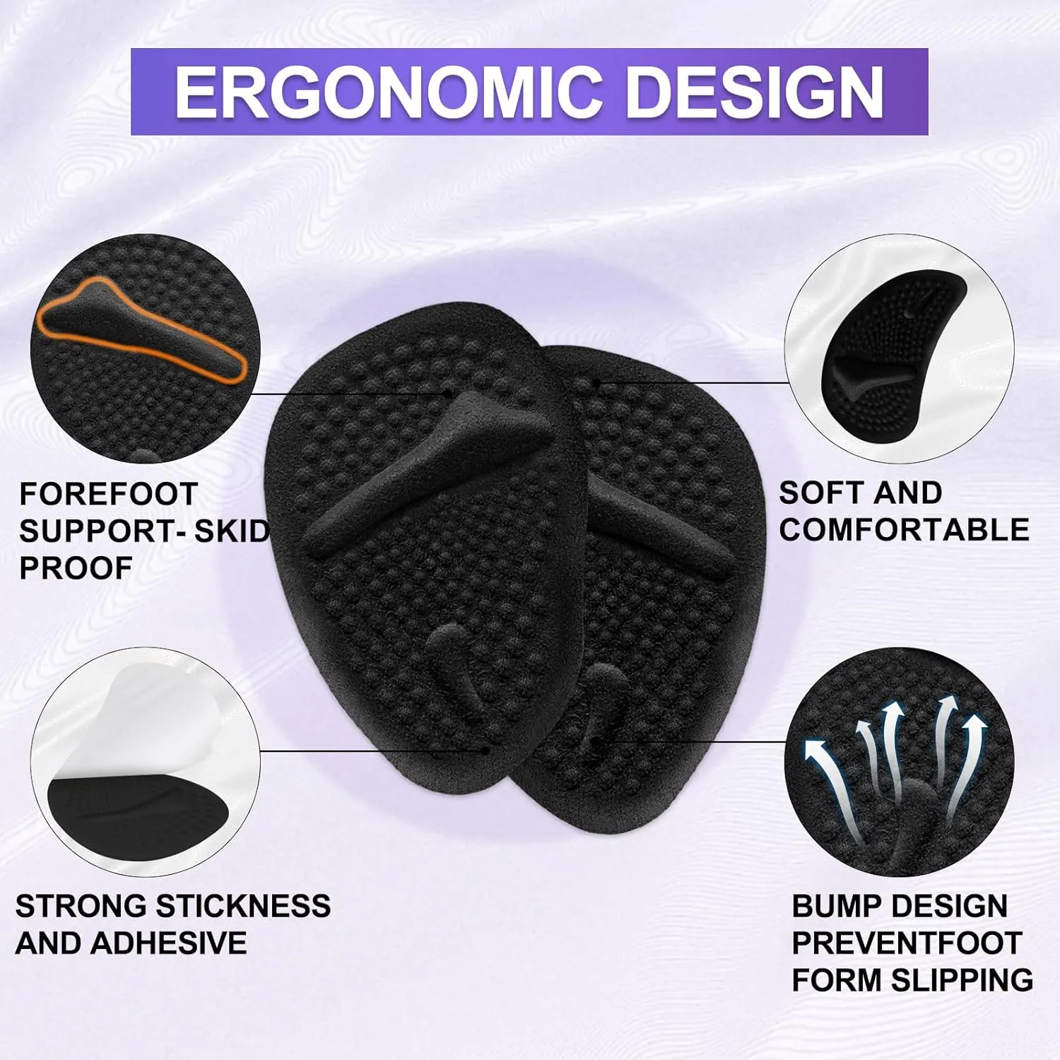 6 Pairs Metatarsal Pads Heels Inserts Gel Ball of Foot Cushions for Women, Invisible Adhesive Forefoot Pads Comfort Shoe Insert All-Day Foot Pain Relief, One Size(Black)