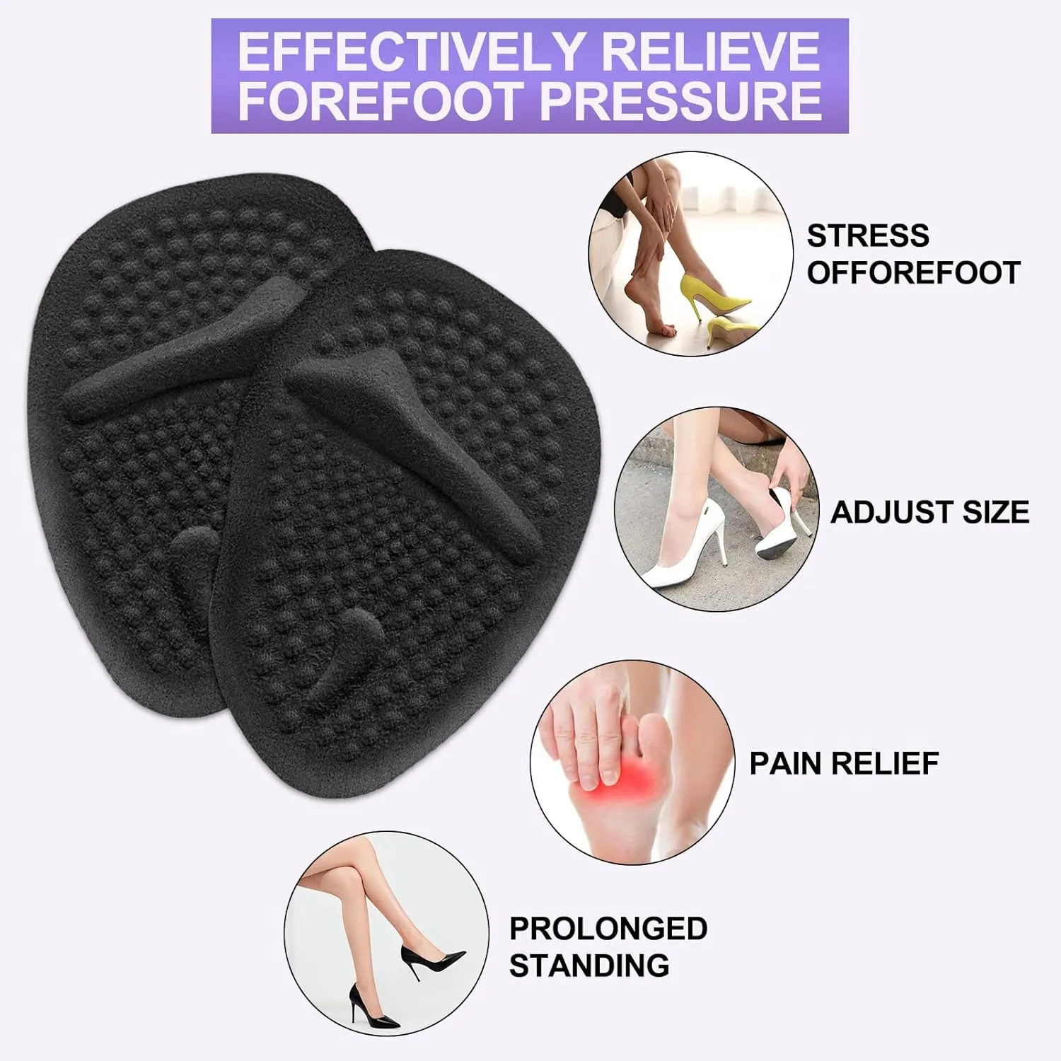 6 Pairs Metatarsal Pads Heels Inserts Gel Ball of Foot Cushions for Women, Invisible Adhesive Forefoot Pads Comfort Shoe Insert All-Day Foot Pain Relief, One Size(Black)