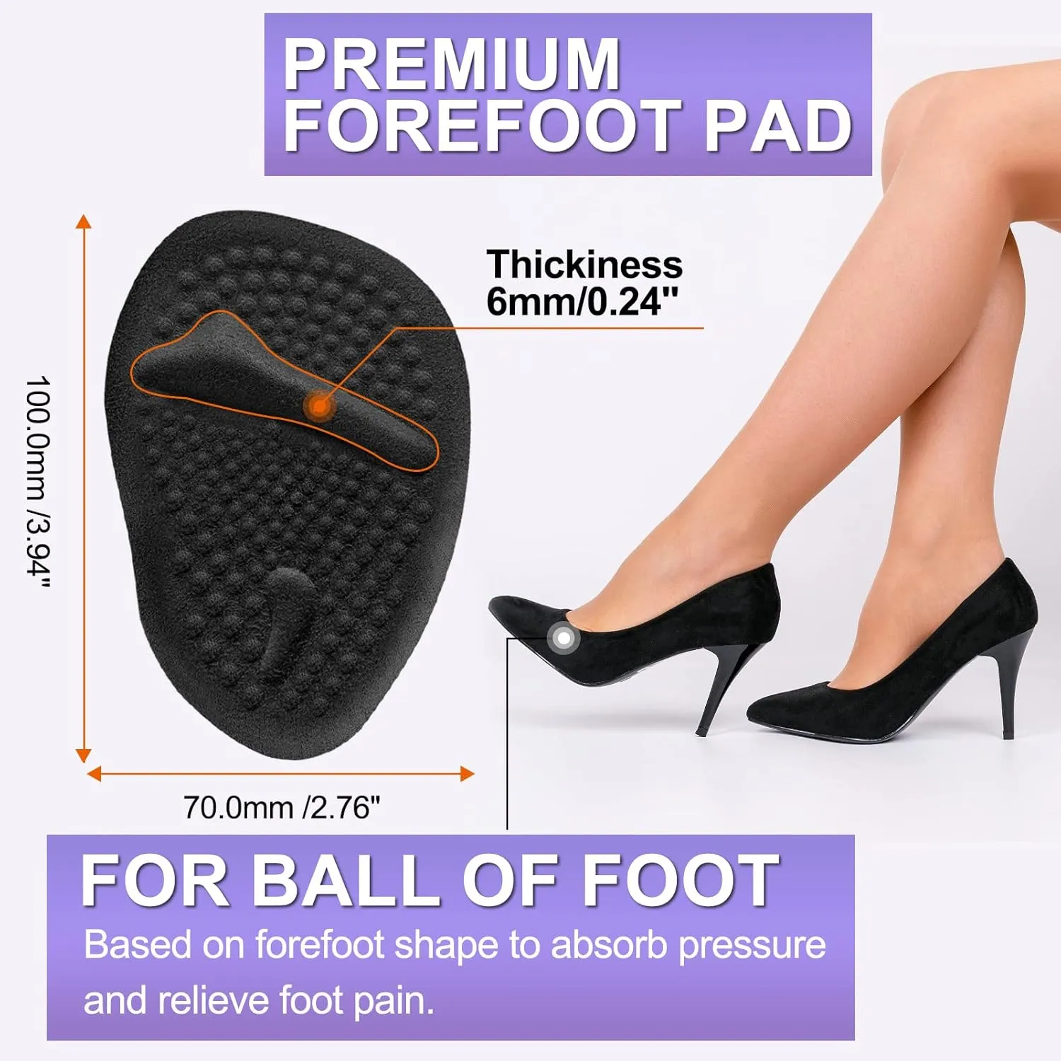 6 Pairs Metatarsal Pads Heels Inserts Gel Ball of Foot Cushions for Women, Invisible Adhesive Forefoot Pads Comfort Shoe Insert All-Day Foot Pain Relief, One Size(Black)