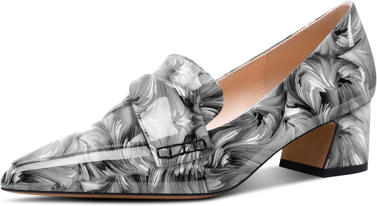 Aachcol Womens Chunky Block Low Heel Pointed Toe Pumps Slip-on Loafers Shoes Prom Office Dress Basic Classic Patent Leather 2.0 Inches Heels