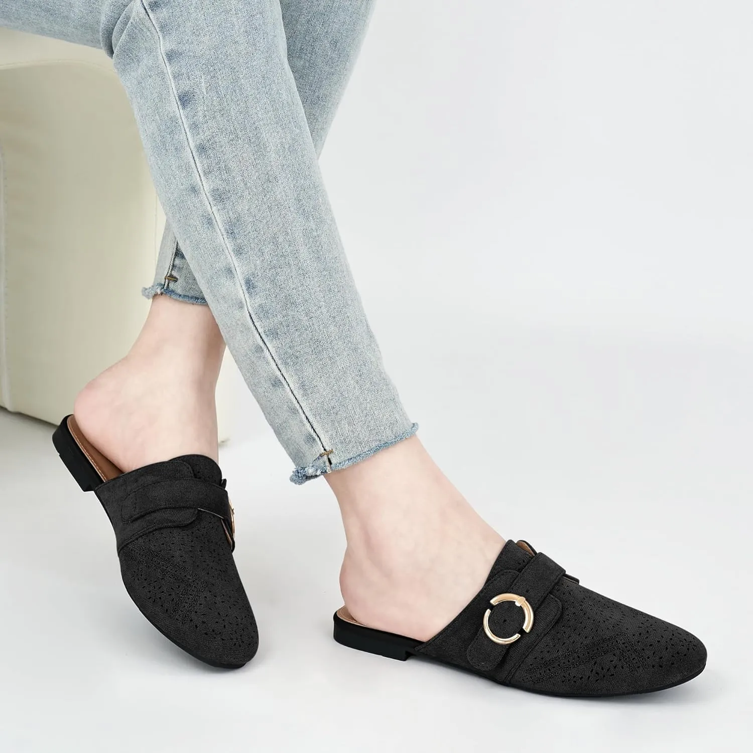 Ablanczoom Mules for Women Flat Shoes: Comfortable Slip On Suede Dressy Buckle Closed Toe Backless Womens Mule 2025