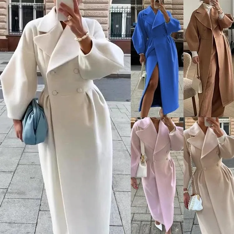 Akivide Womens Double Breasted Long Pea Coats Lapel Lantern Sleeve Maxi Trench Coats Fall Winter Wool Blend Overcoat