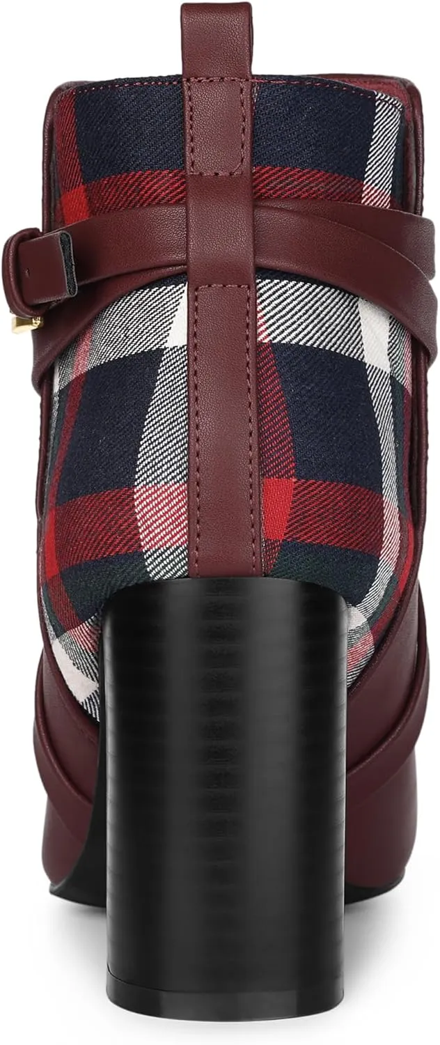 Allegra K Women's Pointy Toe Plaid Crisscross Strap Buckle Chunky Heels Ankle Booties