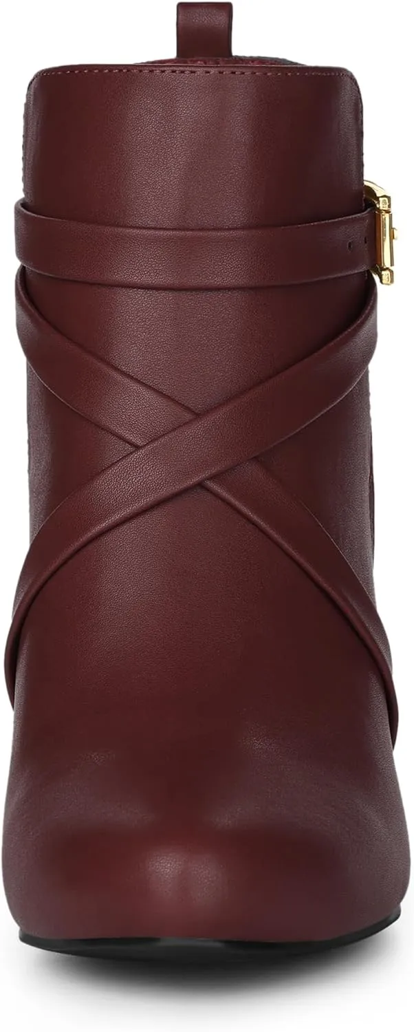 Allegra K Women's Pointy Toe Plaid Crisscross Strap Buckle Chunky Heels Ankle Booties