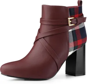 Allegra K Women's Pointy Toe Plaid Crisscross Strap Buckle Chunky Heels Ankle Booties