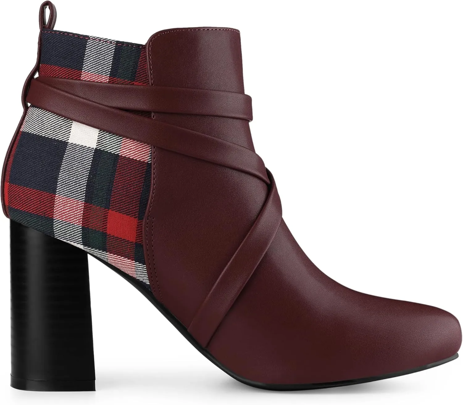 Allegra K Women's Pointy Toe Plaid Crisscross Strap Buckle Chunky Heels Ankle Booties