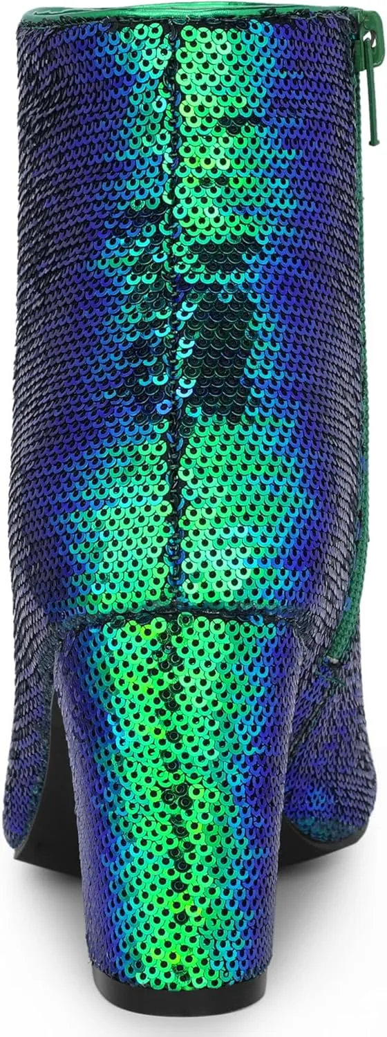 Allegra K Women's Round Toe Block Heels Sequin Ankle Boots