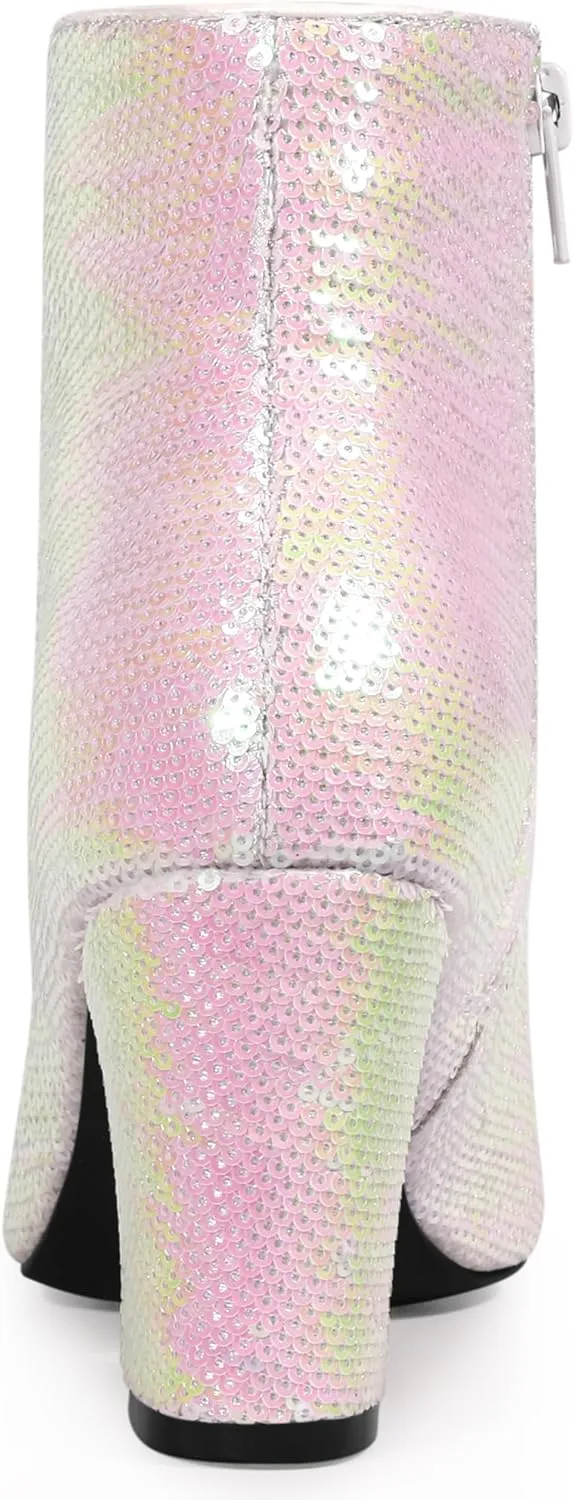 Allegra K Women's Round Toe Block Heels Sequin Ankle Boots