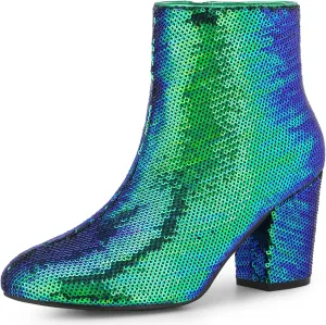 Allegra K Women's Round Toe Block Heels Sequin Ankle Boots