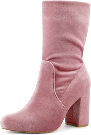 Allegra K Women's Velvet Round Toe Block Heels Foldable Mid Calf Boots