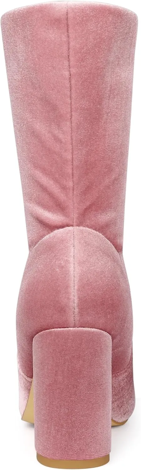 Allegra K Women's Velvet Round Toe Block Heels Foldable Mid Calf Boots