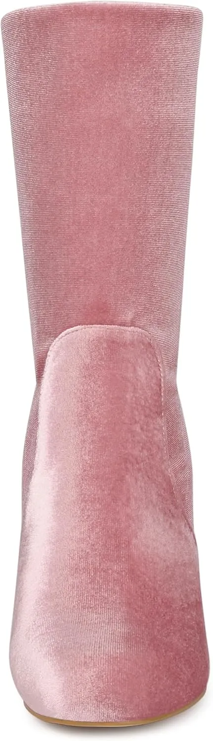 Allegra K Women's Velvet Round Toe Block Heels Foldable Mid Calf Boots
