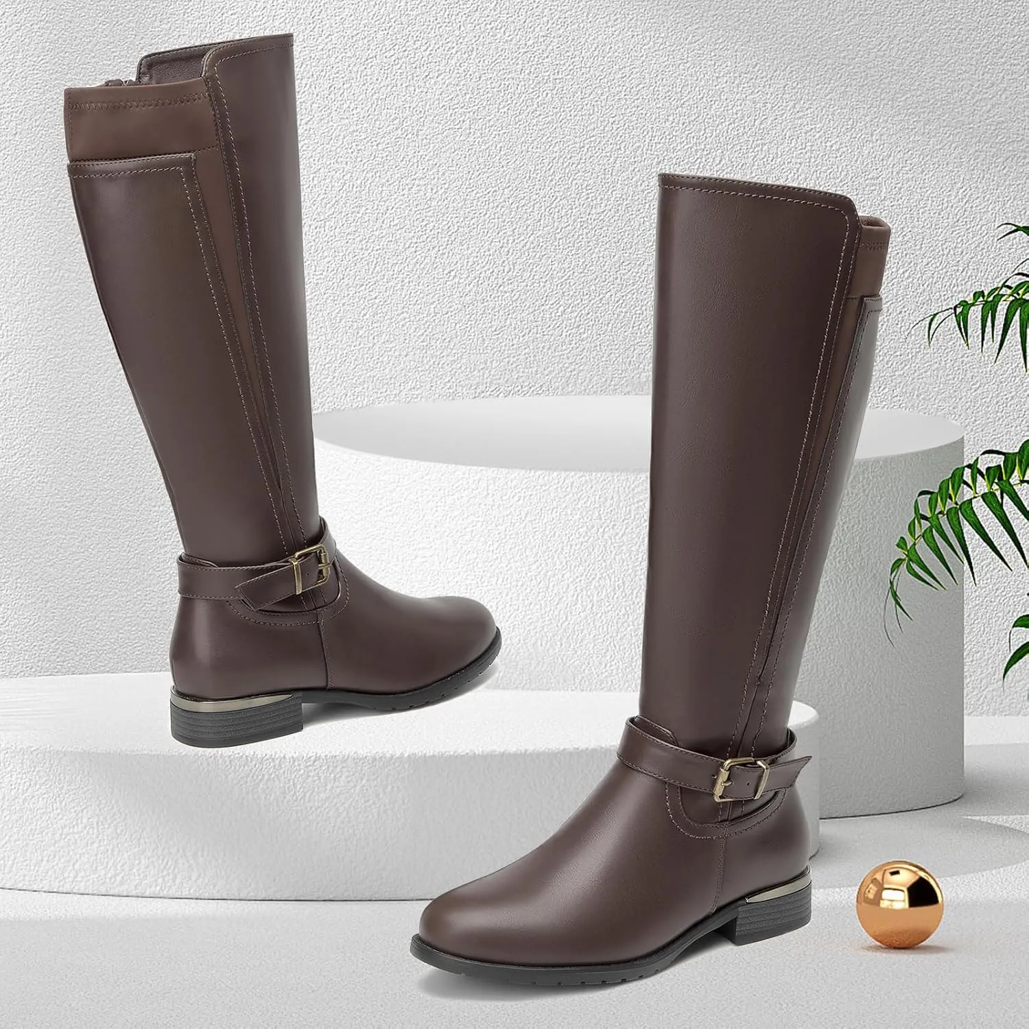 ALLOT Women's Chunky Low Heel Knee High Boots Side Zip Buckle Strap Fashion Riding Boots Round Toe Comfortable Warm Winter Boots