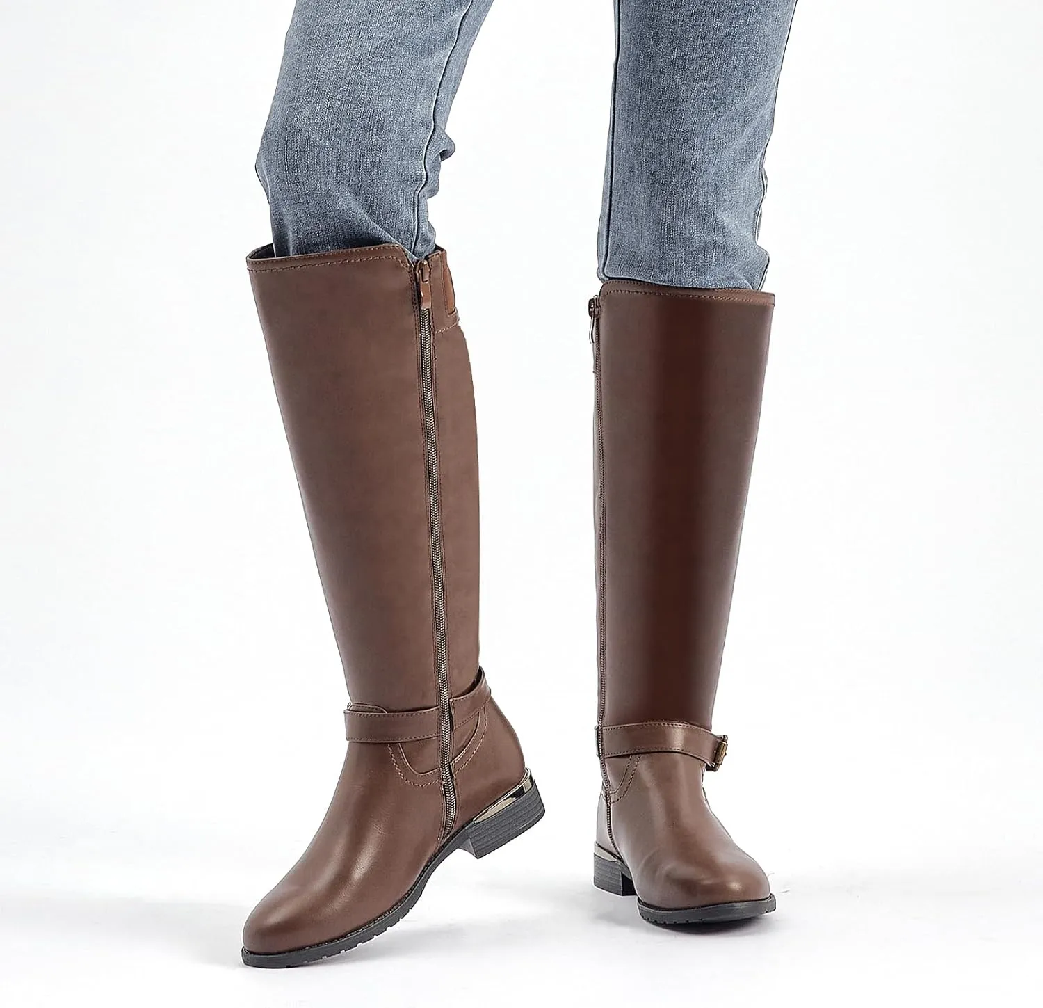 ALLOT Women's Chunky Low Heel Knee High Boots Side Zip Buckle Strap Fashion Riding Boots Round Toe Comfortable Warm Winter Boots