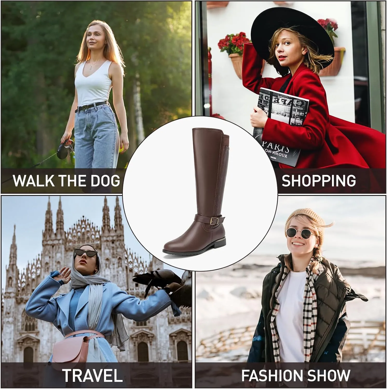 ALLOT Women's Chunky Low Heel Knee High Boots Side Zip Buckle Strap Fashion Riding Boots Round Toe Comfortable Warm Winter Boots