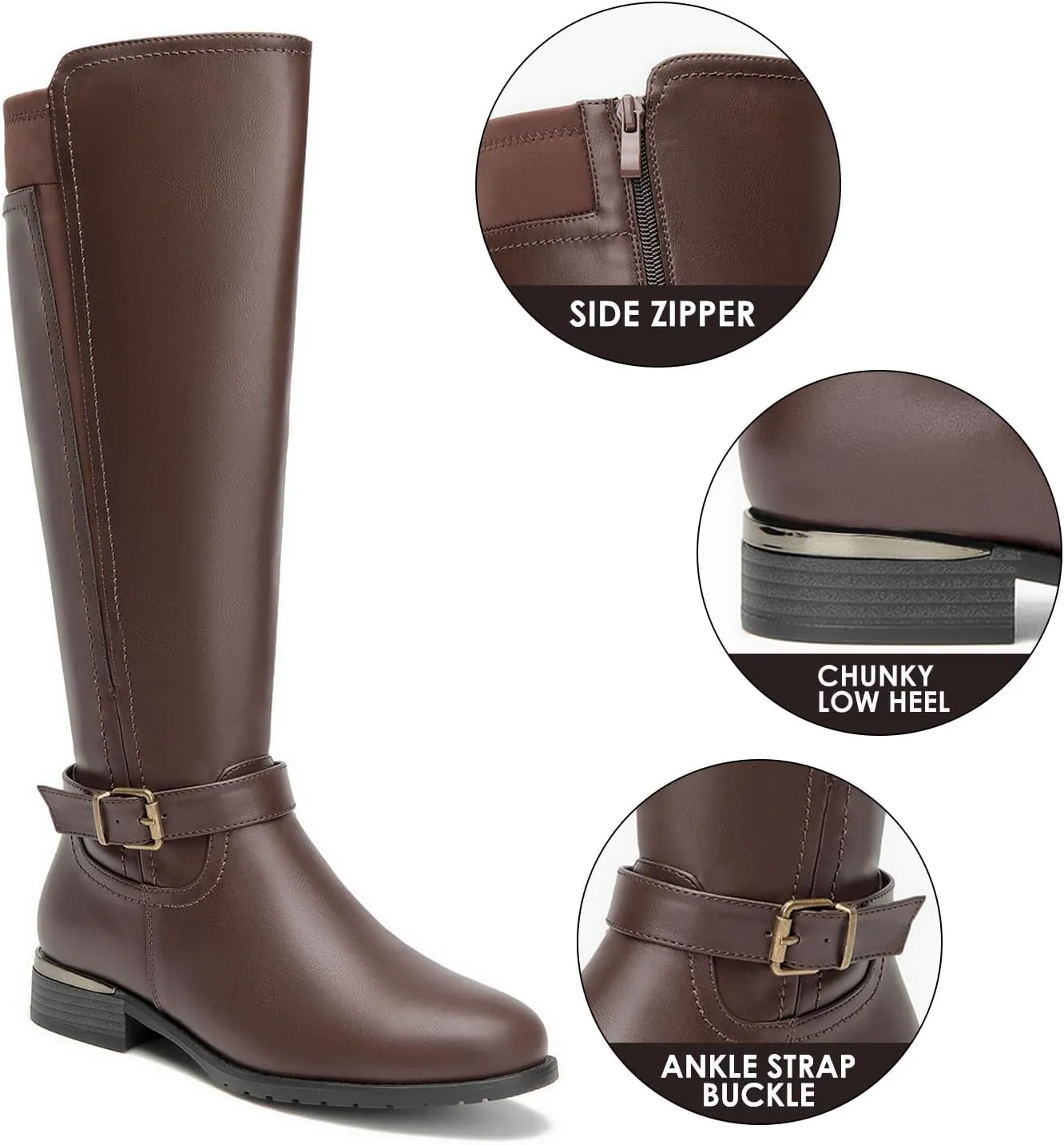 ALLOT Women's Chunky Low Heel Knee High Boots Side Zip Buckle Strap Fashion Riding Boots Round Toe Comfortable Warm Winter Boots