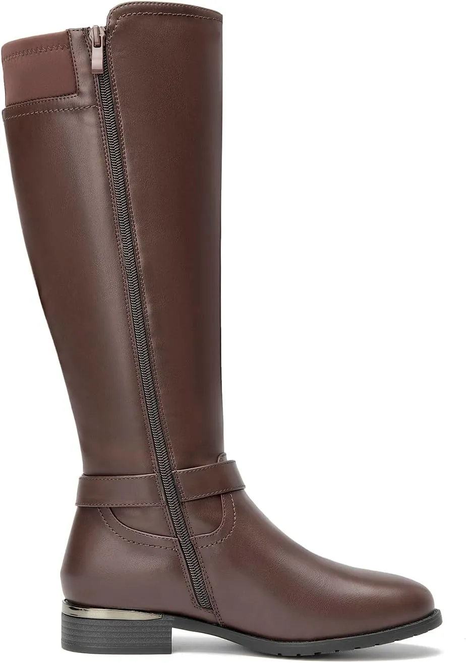 ALLOT Women's Chunky Low Heel Knee High Boots Side Zip Buckle Strap Fashion Riding Boots Round Toe Comfortable Warm Winter Boots
