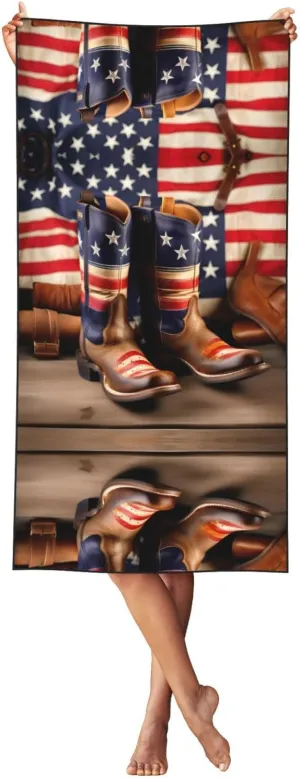 American Flag with Cowboy Boots Print Summer Beach Towel Oversized Lightweight Quick Dry Towel for Travel and Pool Towel