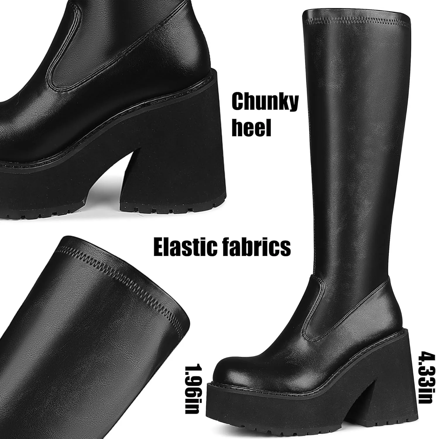 AMINUGAL Womens Elastic Knee High Platform Chunky Block High Heel Sock Boots Zipper Round Toe Fashion Motorcycle Combat Punk Boots For Women