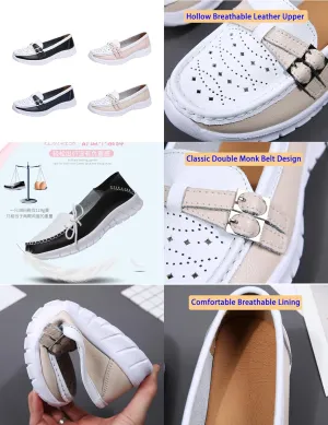 AngryMonkey Women's Leather Slip On Penny Loafers,Lightweight Cutout Breathe Comfort Orthotic Cushion Softsole Walking Shoes