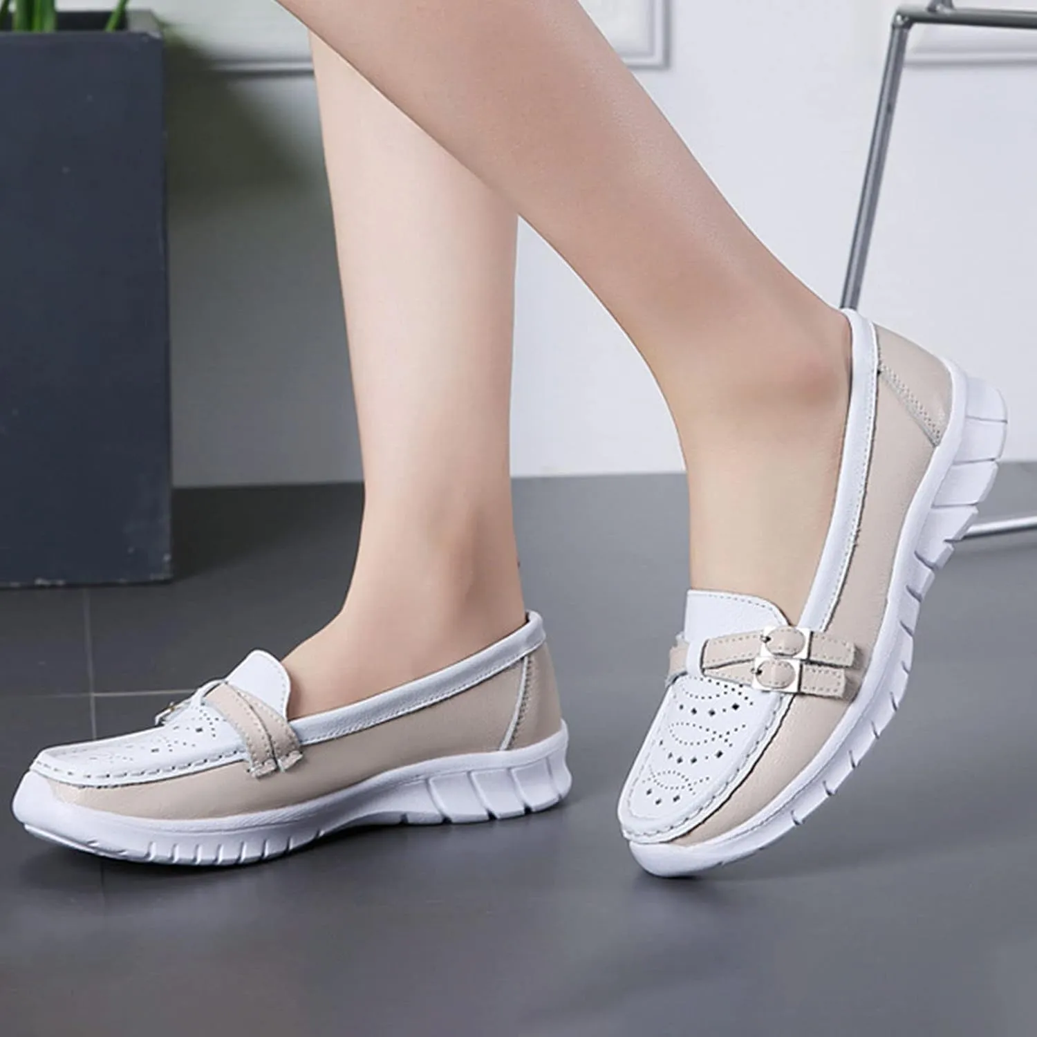 AngryMonkey Women's Leather Slip On Penny Loafers,Lightweight Cutout Breathe Comfort Orthotic Cushion Softsole Walking Shoes
