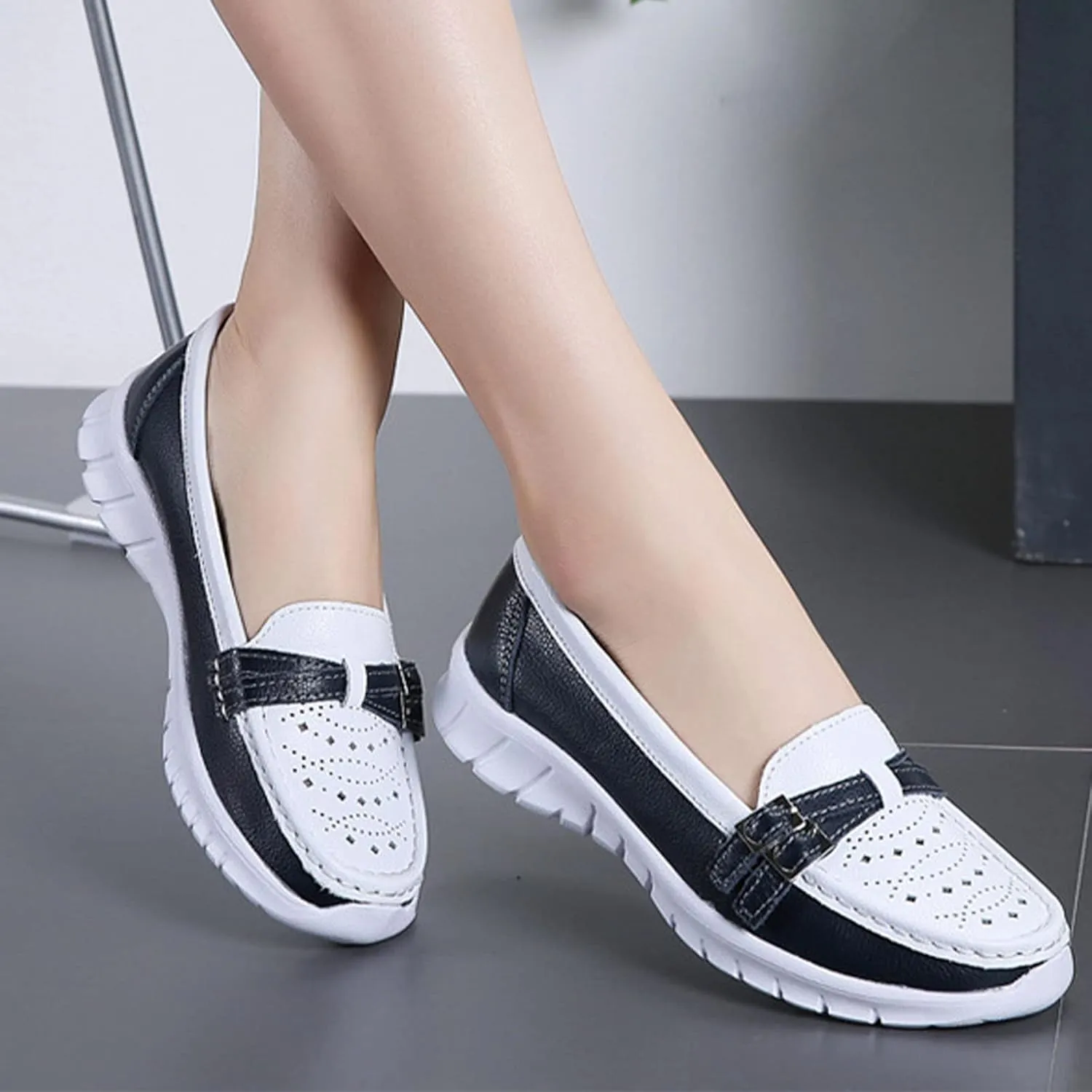 AngryMonkey Women's Leather Slip On Penny Loafers,Lightweight Cutout Breathe Comfort Orthotic Cushion Softsole Walking Shoes
