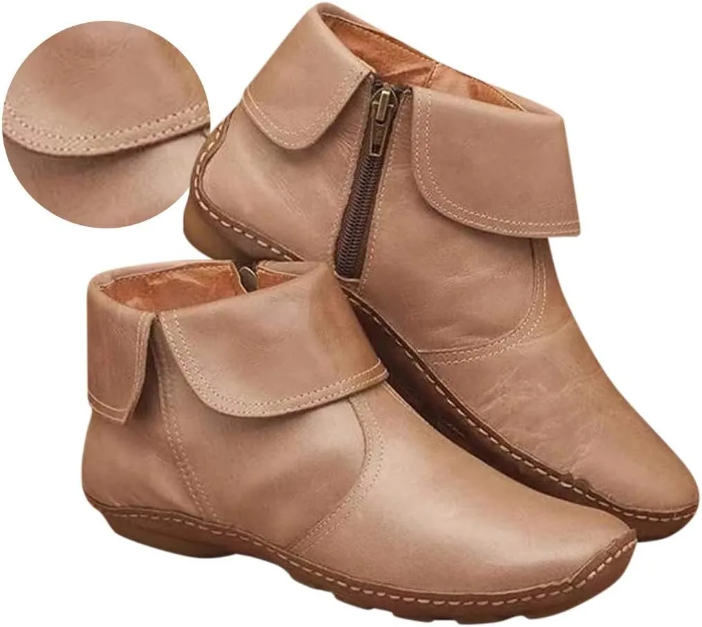 Ankle Boots for Women No Heel,2019 New Arch Support Booties Side Zip-up Vintage Leather Damping Shoes Flat Heel Booties
