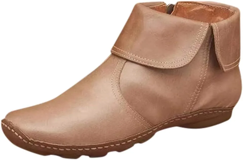 Ankle Boots for Women No Heel,2019 New Arch Support Booties Side Zip-up Vintage Leather Damping Shoes Flat Heel Booties