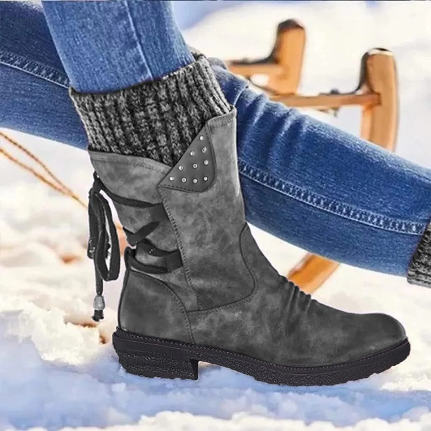 Anupeg Women's Mid Calf Boots,Knit Leather Splicing Boots for Women Low Heel Womens Side Zip Wide Calf Boots Fall Winter Western Cowboy Boots for Women Mid Calf Retro Cowgirl Booties Shoes