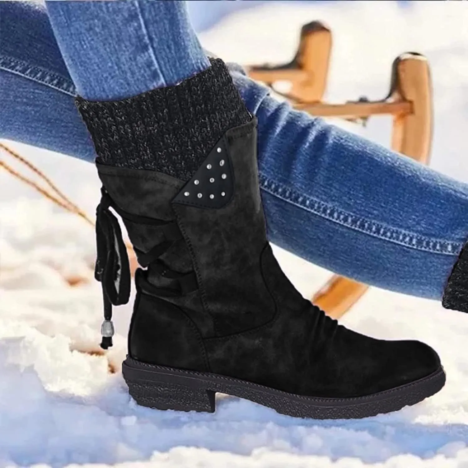 Anupeg Women's Mid Calf Boots,Knit Leather Splicing Boots for Women Low Heel Womens Side Zip Wide Calf Boots Fall Winter Western Cowboy Boots for Women Mid Calf Retro Cowgirl Booties Shoes