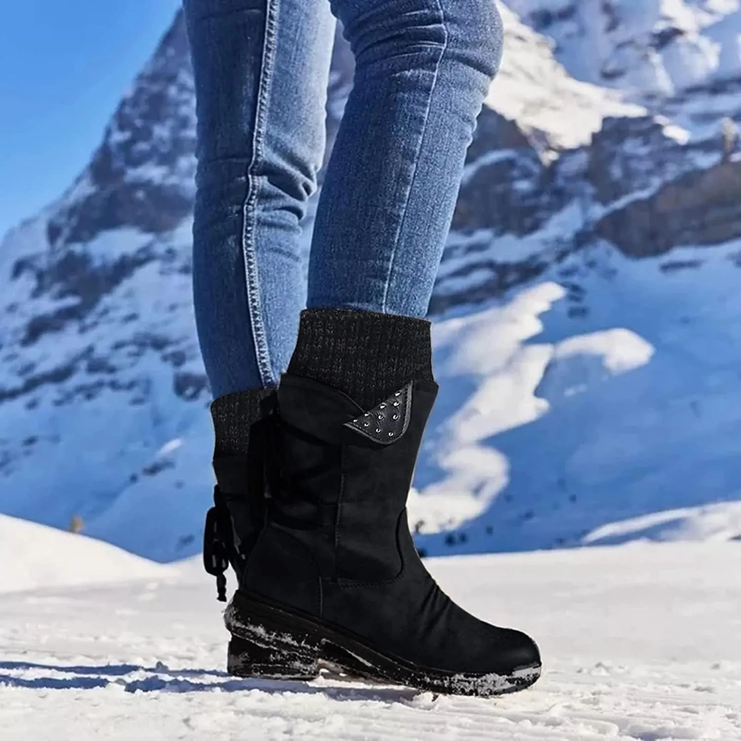 Anupeg Women's Mid Calf Boots,Knit Leather Splicing Boots for Women Low Heel Womens Side Zip Wide Calf Boots Fall Winter Western Cowboy Boots for Women Mid Calf Retro Cowgirl Booties Shoes