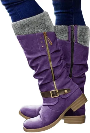 Anupeg Women's Mid Calf Boots,Knit Leather Splicing Boots for Women Low Heel Womens Side Zip Wide Calf Boots Fall Winter Western Cowboy Boots for Women Mid Calf Retro Cowgirl Booties Shoes