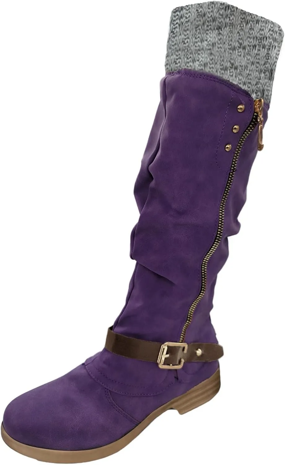 Anupeg Women's Mid Calf Boots,Knit Leather Splicing Boots for Women Low Heel Womens Side Zip Wide Calf Boots Fall Winter Western Cowboy Boots for Women Mid Calf Retro Cowgirl Booties Shoes