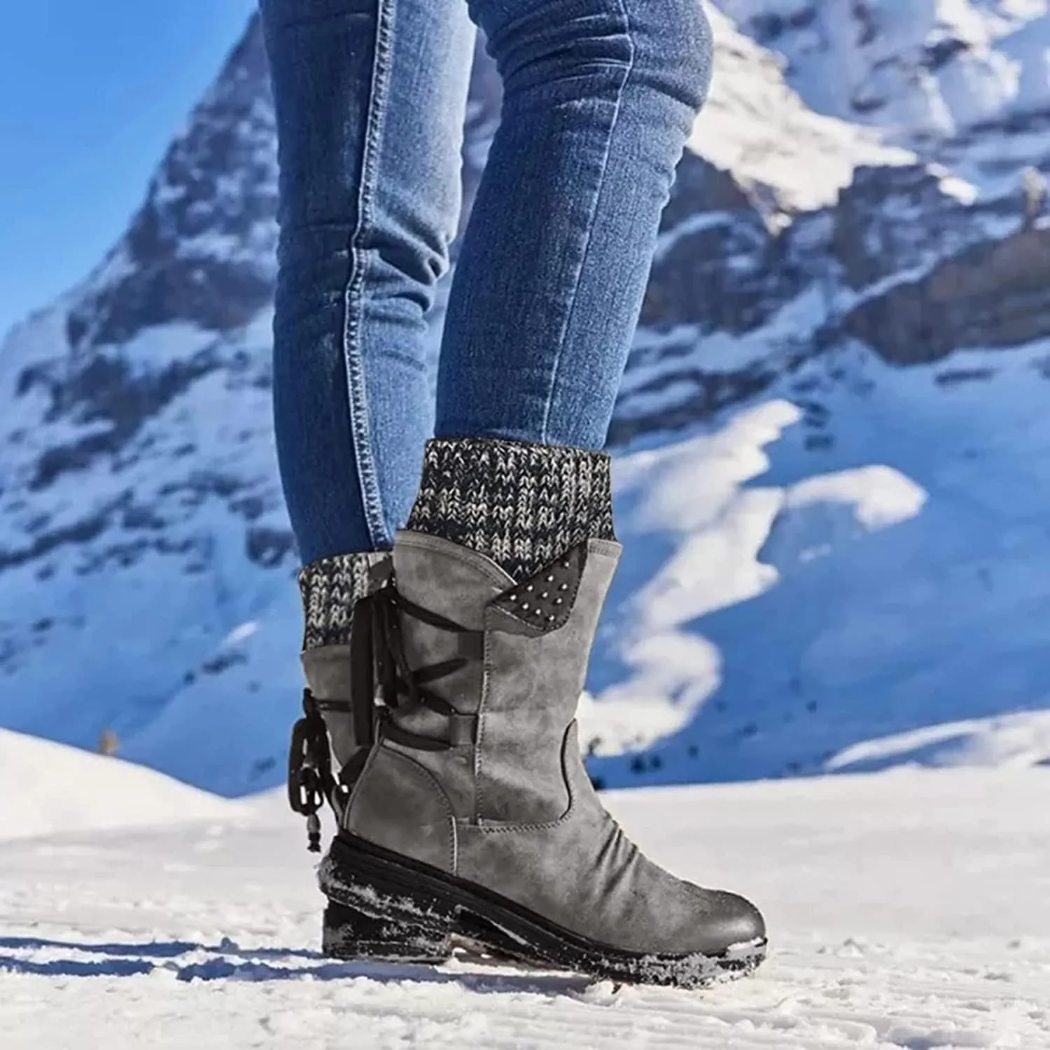 Anupeg Women's Mid Calf Boots,Knit Leather Splicing Boots for Women Low Heel Womens Side Zip Wide Calf Boots Fall Winter Western Cowboy Boots for Women Mid Calf Retro Cowgirl Booties Shoes
