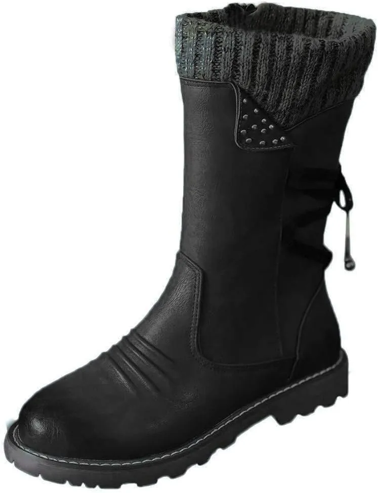 Anupeg Women's Mid Calf Boots,Knit Leather Splicing Boots for Women Low Heel Womens Side Zip Wide Calf Boots Fall Winter Western Cowboy Boots for Women Mid Calf Retro Cowgirl Booties Shoes