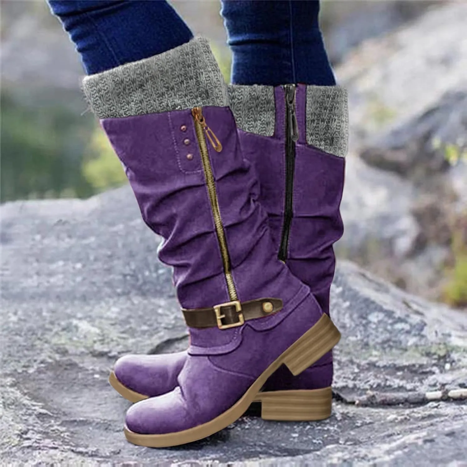 Anupeg Women's Mid Calf Boots,Knit Leather Splicing Boots for Women Low Heel Womens Side Zip Wide Calf Boots Fall Winter Western Cowboy Boots for Women Mid Calf Retro Cowgirl Booties Shoes