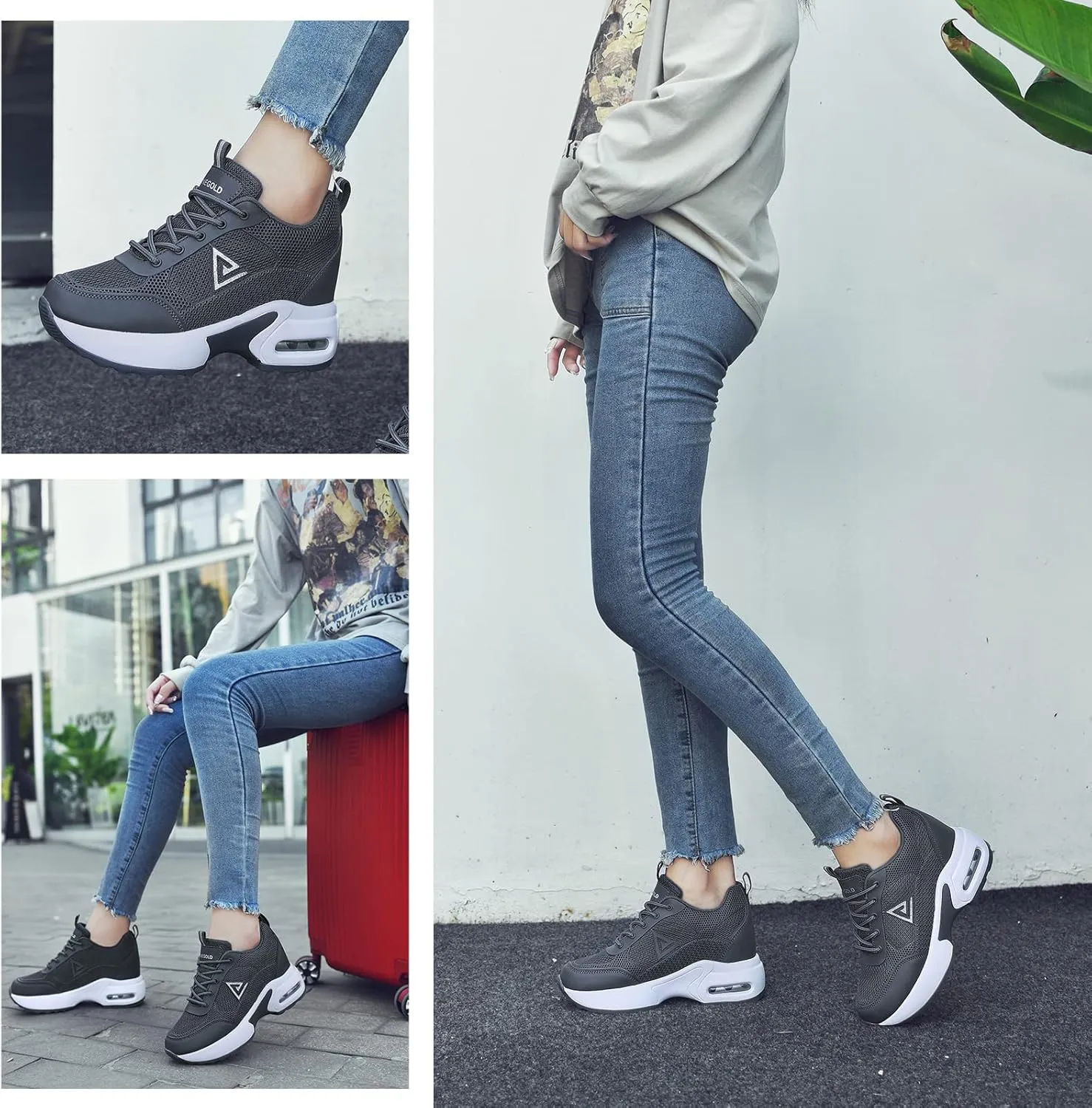 AONEGOLD Womens Knit Platform Hidden Wedges Sneaker High Top Athletic Walking Shoes High Heel Mesh Fashion