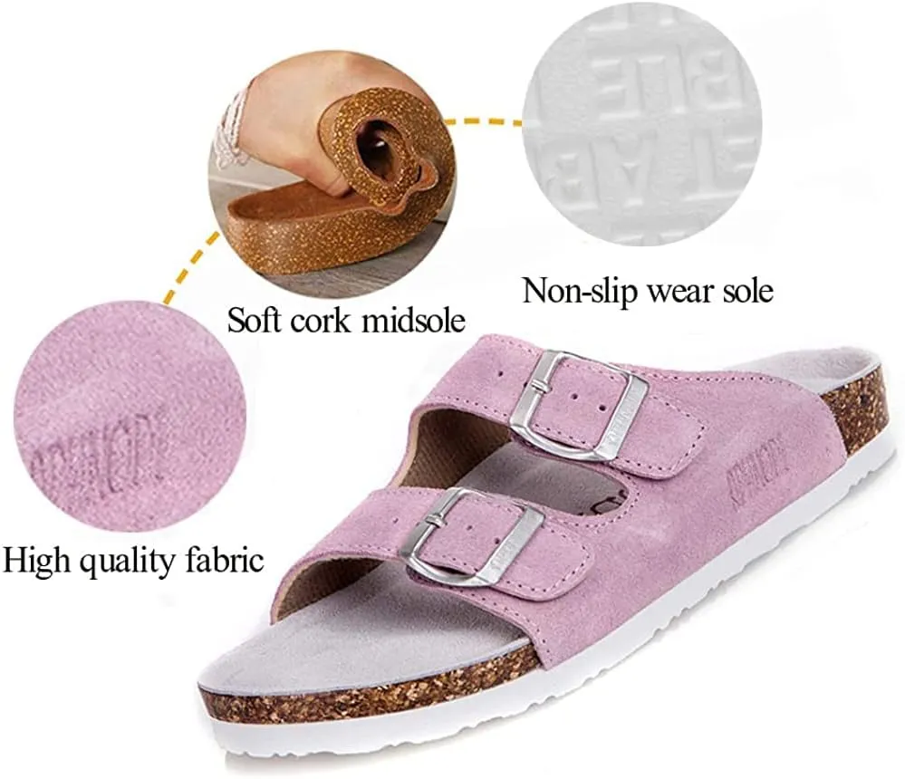 Asifn Women Men Slide Cork Sandal Flat Adjustable Strap Buckle Slip on Casual Open Toe Shoes Suede Summer