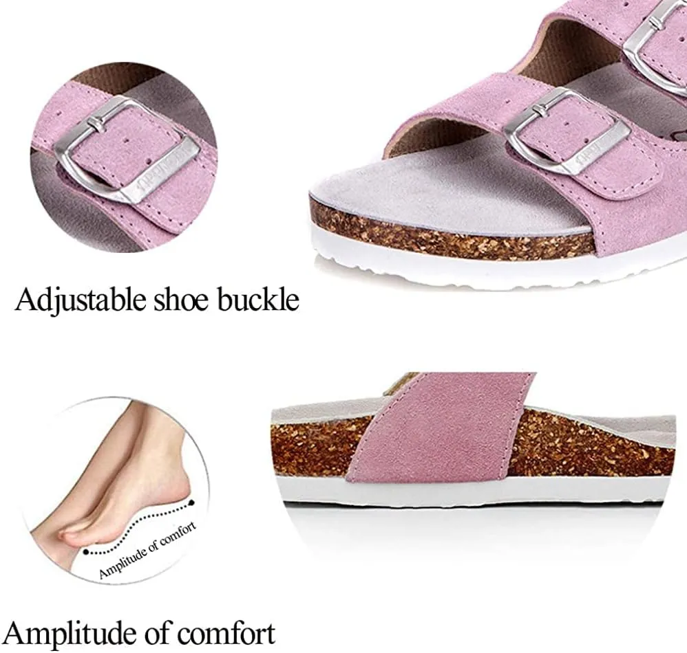 Asifn Women Men Slide Cork Sandal Flat Adjustable Strap Buckle Slip on Casual Open Toe Shoes Suede Summer