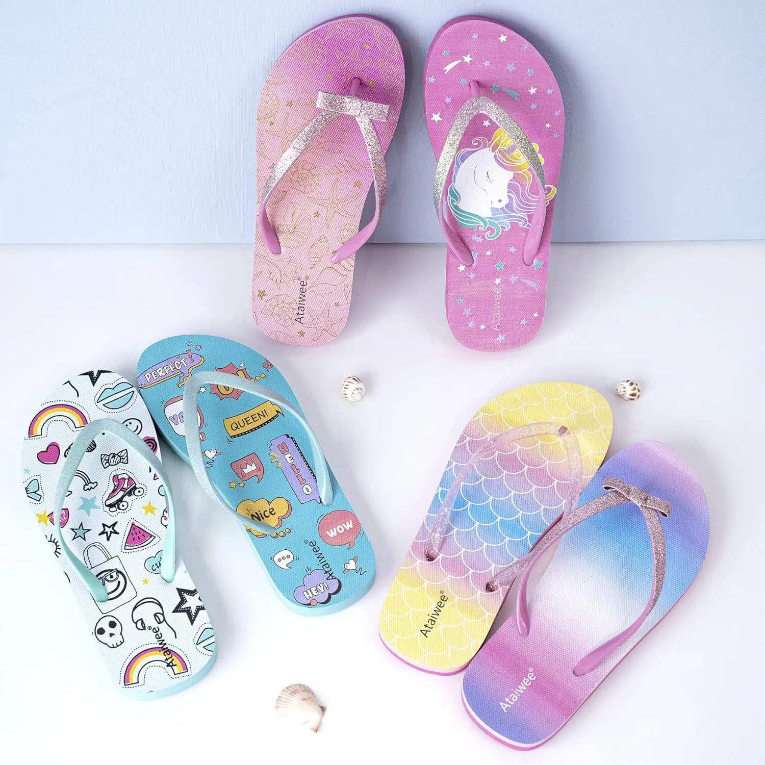 Ataiwee Girls Flip Flop Sandals - Kids Printed Slide Shoes for Little/Big Kid.