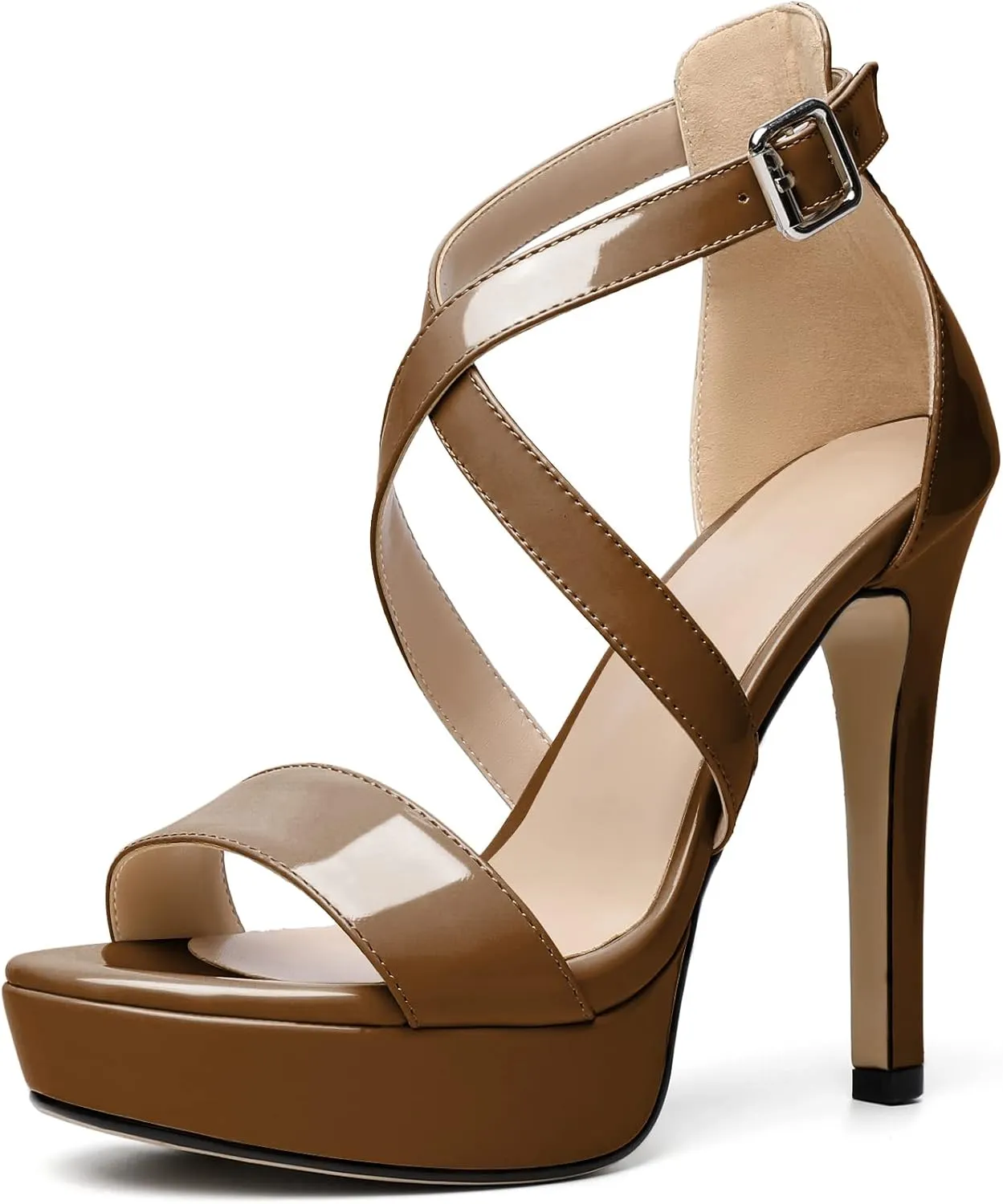 AUMOTED Women Cross Strappy Peep Open Toe Sandals Platform Ankle-Strap Stiletto High Heel Dress Shoes Wedding Patent 4.7 Inch Sandals