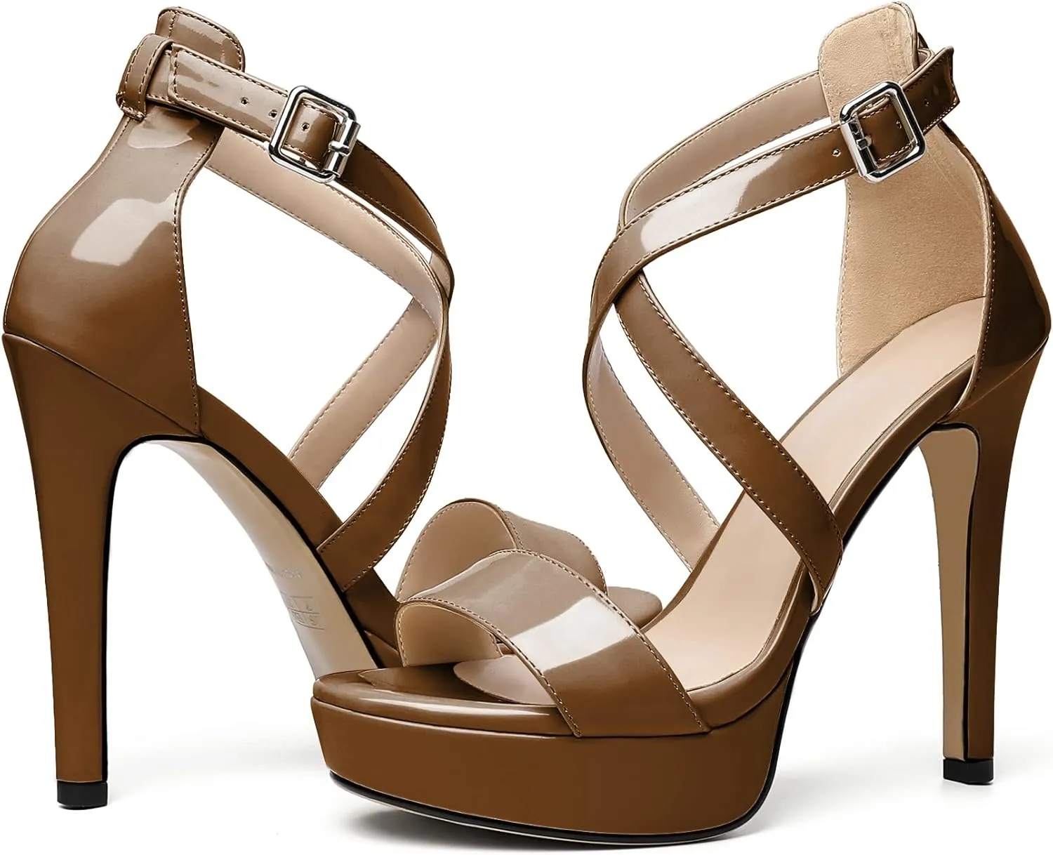 AUMOTED Women Cross Strappy Peep Open Toe Sandals Platform Ankle-Strap Stiletto High Heel Dress Shoes Wedding Patent 4.7 Inch Sandals