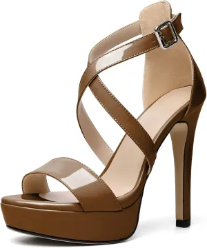 AUMOTED Women Cross Strappy Peep Open Toe Sandals Platform Ankle-Strap Stiletto High Heel Dress Shoes Wedding Patent 4.7 Inch Sandals