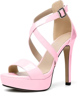 AUMOTED Women Cross Strappy Peep Open Toe Sandals Platform Ankle-Strap Stiletto High Heel Dress Shoes Wedding Patent 4.7 Inch Sandals